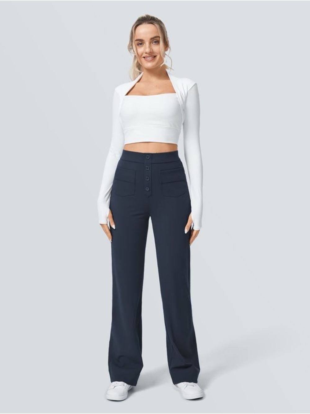 Halara DayStretch Navy Wide Leg Pants Button Front EUC Large